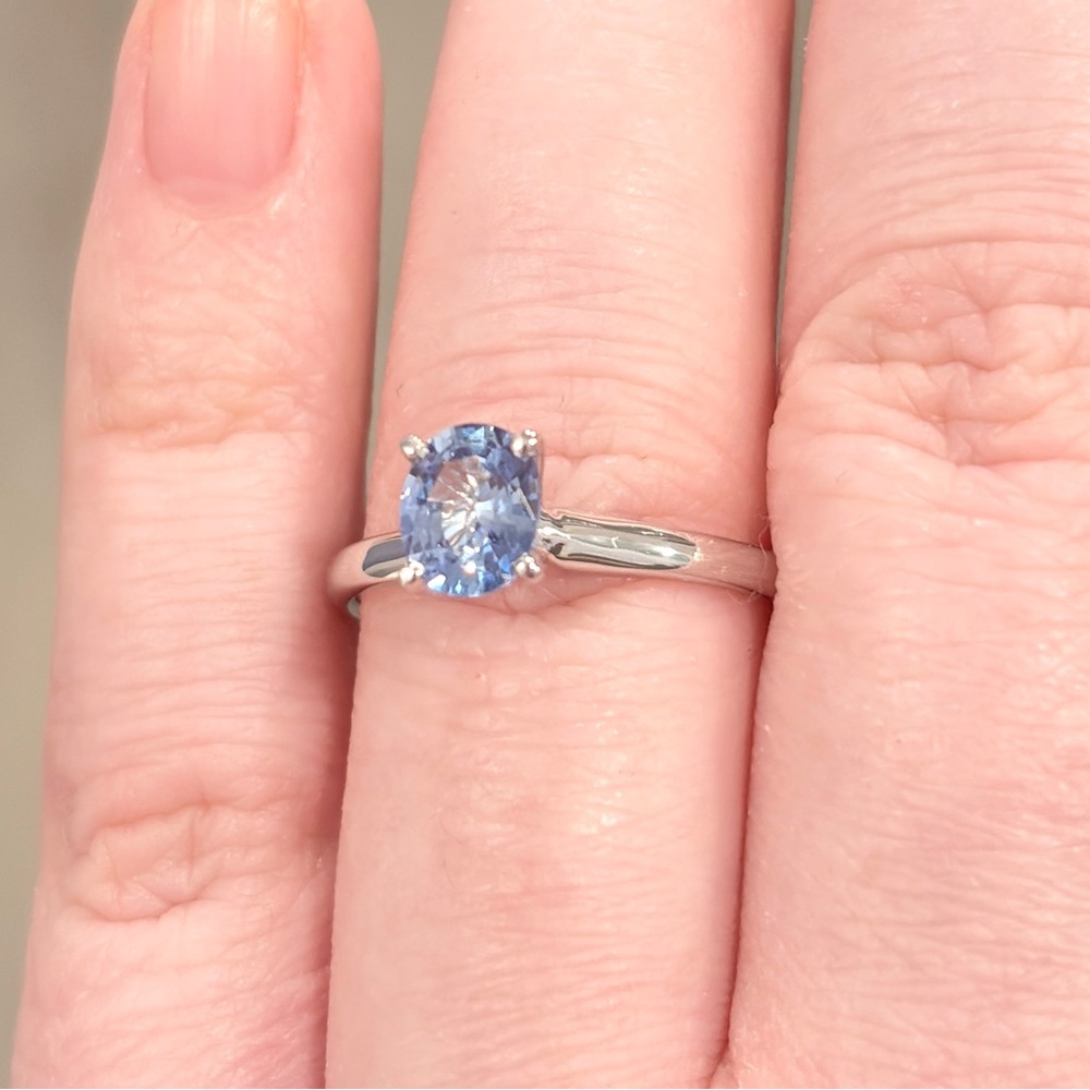 14K Natural Ice Blue Sapphire Ring, Oval Solitaire, High Setting, Engagement 7.5 - Picture 7 of 17